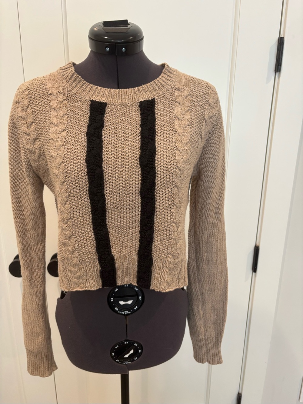 Opening Ceremony Taupe Cropped Cable Knit Sweater with Black Stripes
